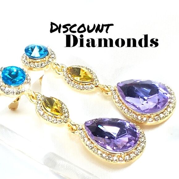 Colorful Combimation of Topaz Dangle Earrings with White Baguette Diamon… - Picture 1 of 12